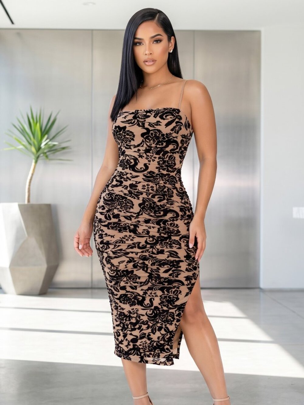 Floral Burnout Velvet Double Layer Midi Dress